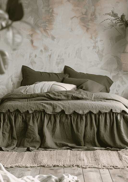 Dark olive linen ruffle bed skirt