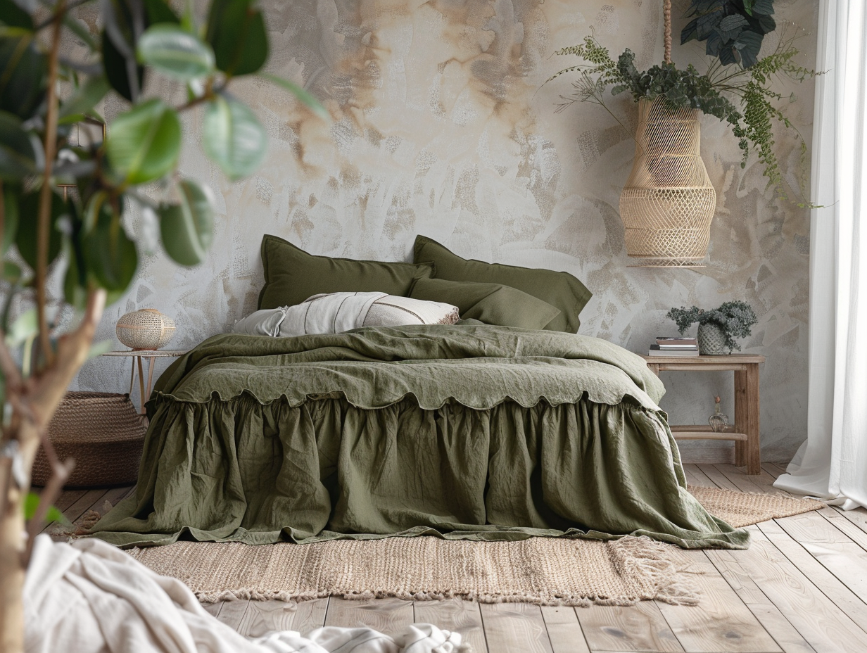 Dark olive linen ruffle bed skirt