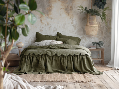 Dark olive linen ruffle bed skirt