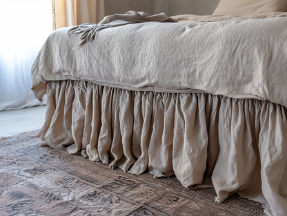 Beige linen ruffled bed skirt