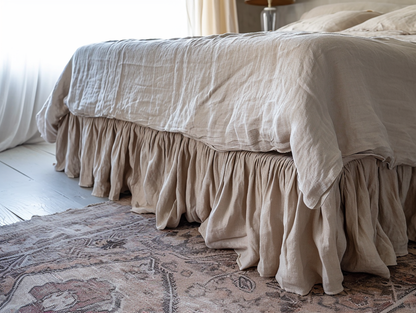 Beige linen ruffled bed skirt